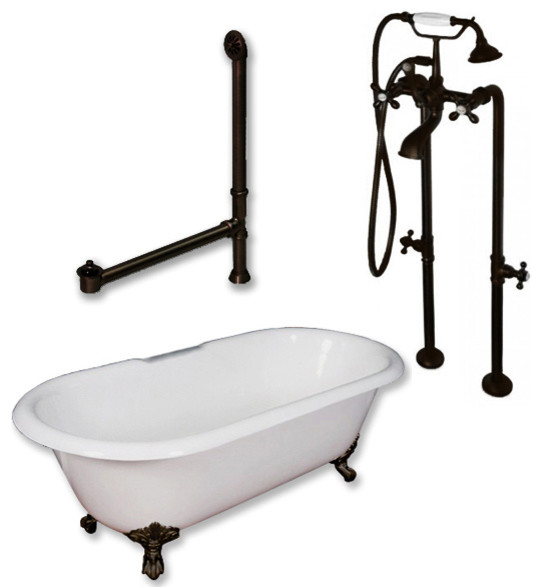 Cast Iron Double Ended Tub 60", Standing Faucet Shower Rubbed Bronze