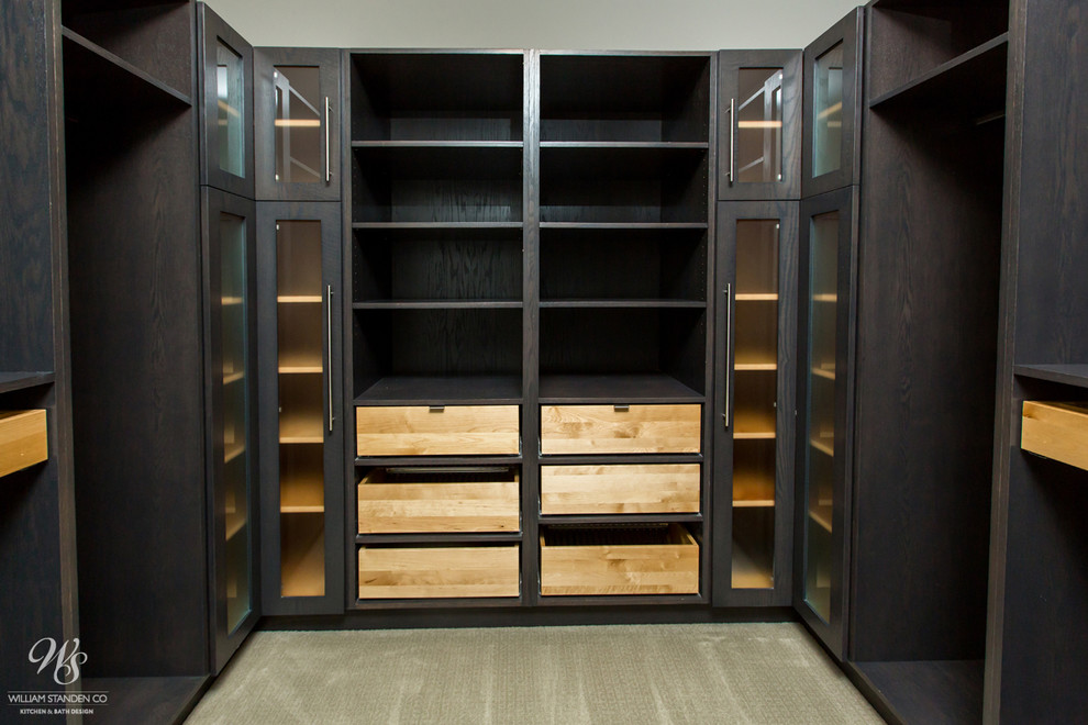 Design ideas for a mid-sized modern walk-in wardrobe in Toronto with dark wood cabinets and carpet.