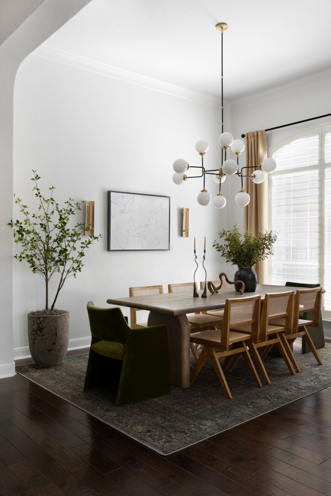 Источник вдохновения для домашнего уюта: столовая в стиле неоклассика (современная классика) с белыми стенами, темным паркетным полом и коричневым полом