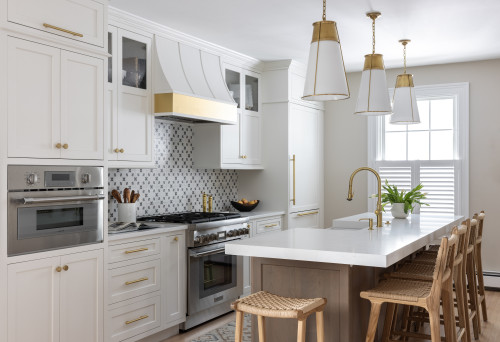 White shaker RTA kitchen with wall oven, range, and tall oven cabinet—showing why manufacturer spec sheets and cut-out dimensions matter