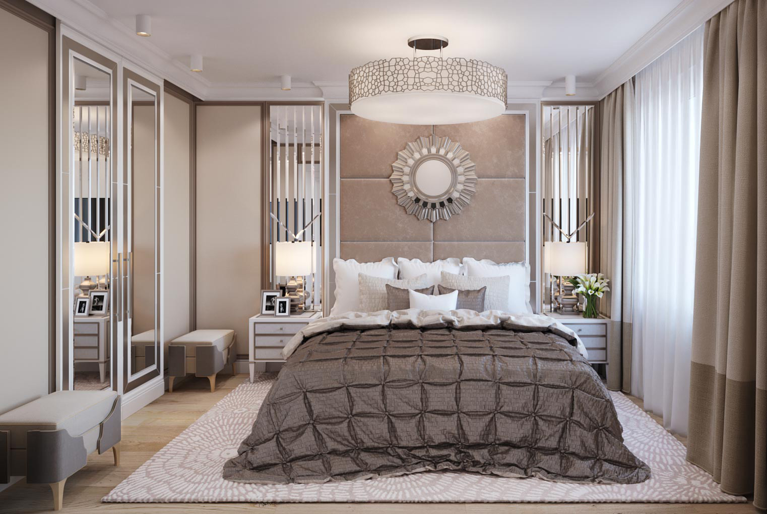 Спальня с гардеробной комнатой. Современная классика с элементами ар-деко