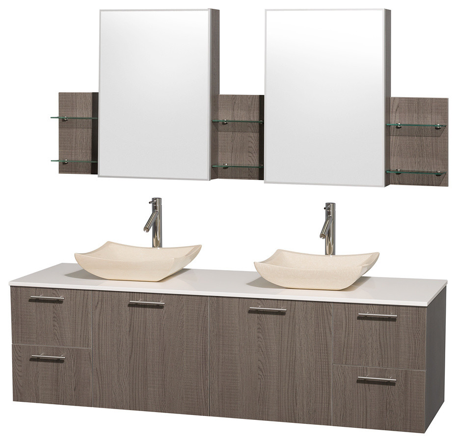Amare 72" Gray Oak Double Vanity With White Man-Made Stone Top and Cabinet