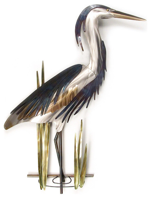 Coastal Home Decor Blue Heron Up Beach Art On Stainless Steel