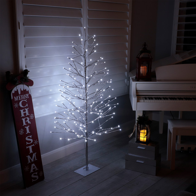 60"H Indoor/Outdoor Artificial Christmas Tree with Cool White LED Lights, Silver Modern