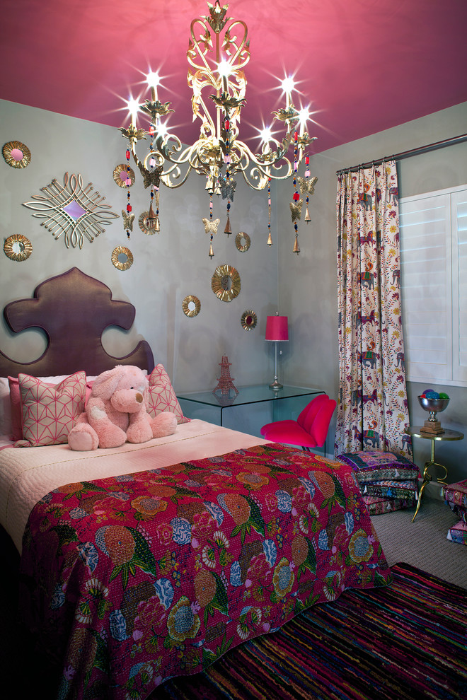 Design ideas for a mid-sized eclectic kids' room for girls in Phoenix with grey walls and carpet.