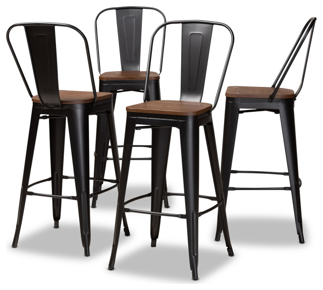 Rosetta Modern Industrial Black Metal Brown Finished Wood 4Piece Bar