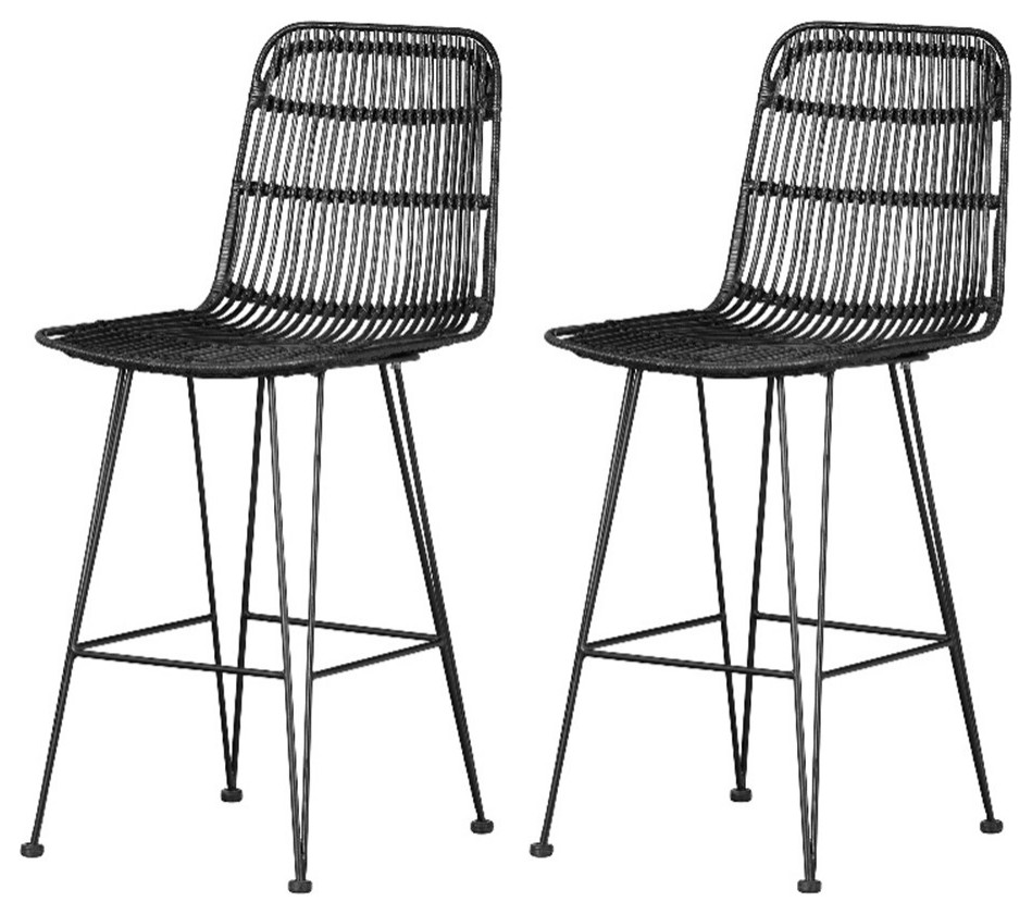 Pemberly Row Modern Rattan Counter Stool Set Rattan and Black - Bar ...