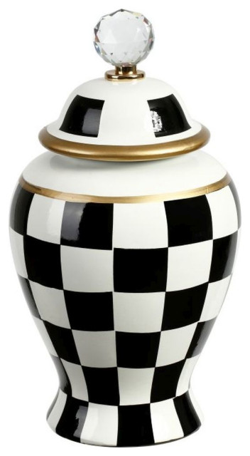 Mark Roberts Spring 2022 Checkered Urn with Lid, Small, 11.5", Black/White
