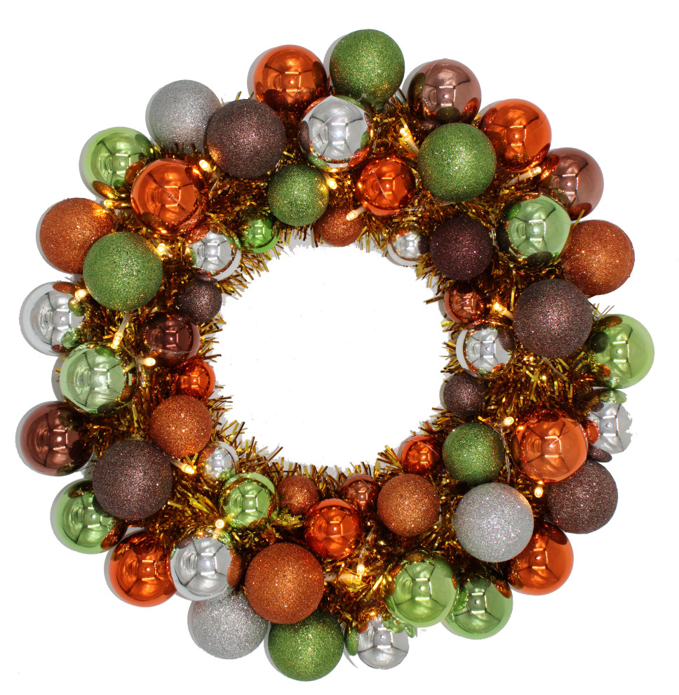 16" Woodland Ball Wreath with Battery Powered Pure White LEDs