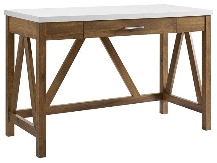 Pemberly Row 46" A-Frame Desk with Natural Walnut Base and White Marble