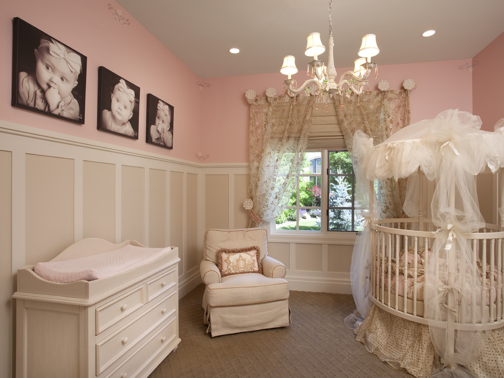 Photo of a mid-sized traditional guest bedroom in Salt Lake City with pink walls, carpet, no fireplace and beige floor.