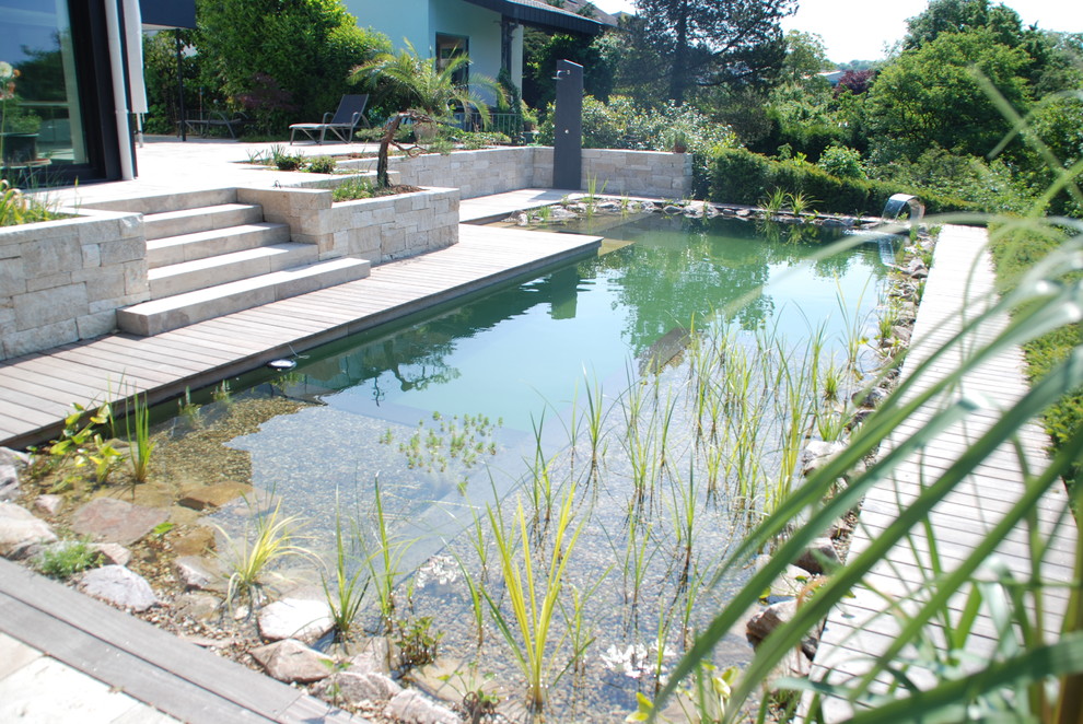 Naturpool mit IpeTerrasse und TravertinMauern Mediterraneo Altro