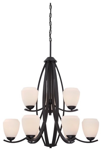 Nuvo Bali 9-Light Textured Black and Etched Opal Glass Chandelier