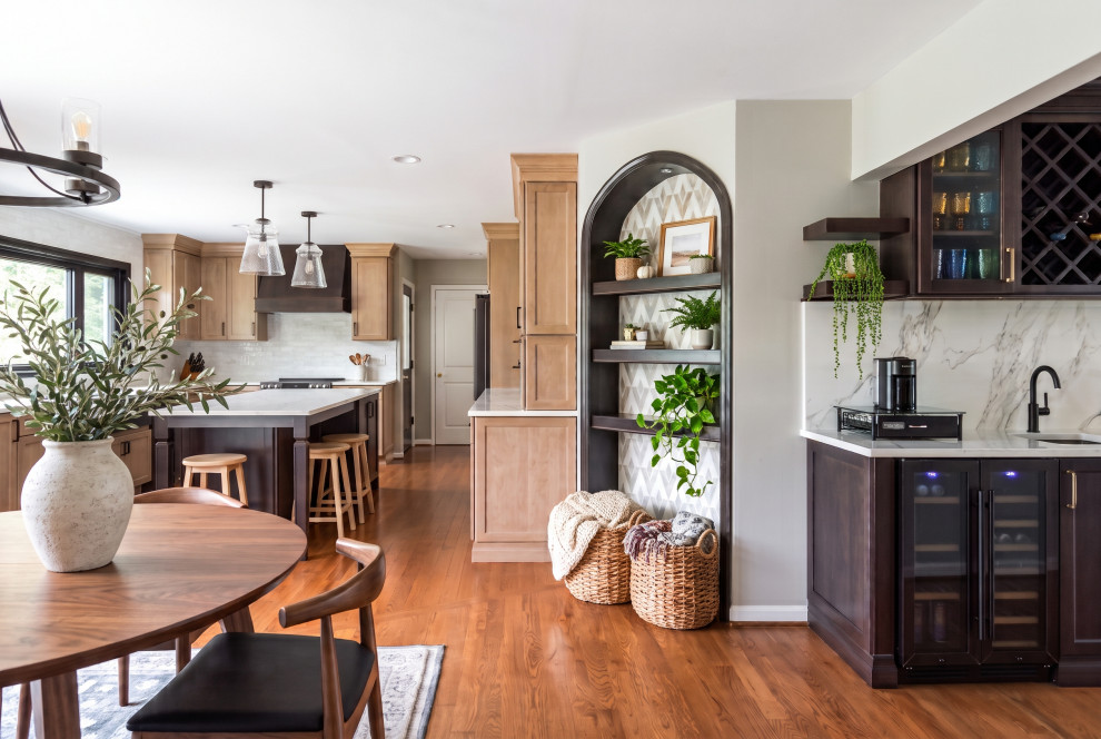 Warm Transitional Kitchen & Dining with Custom Arch
