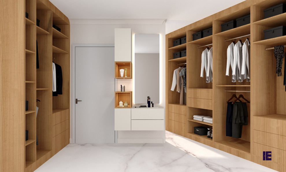 Idée de décoration pour une grande armoire encastrée design en bois brun avec un placard sans porte, un sol en marbre et un sol blanc.