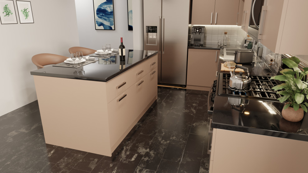 Inspiration for a mid-sized transitional l-shaped kitchen remodel in DC Metro with beige cabinets, an island and flat-panel cabinets