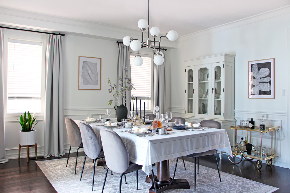 Transitional dark wood floor and brown floor dining room photo in Toronto with white walls
