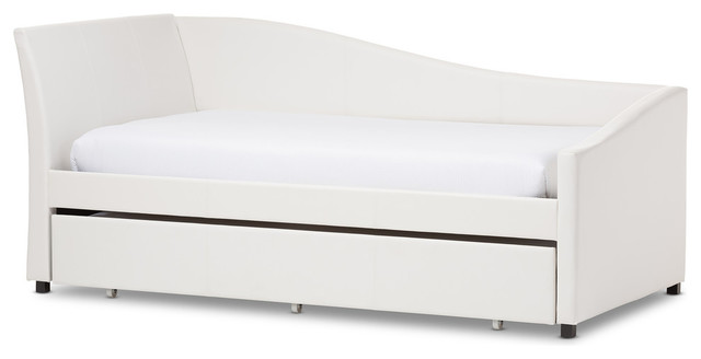 Vera White Faux Leather Upholstered, Faux Leather Twin Bed With Trundle