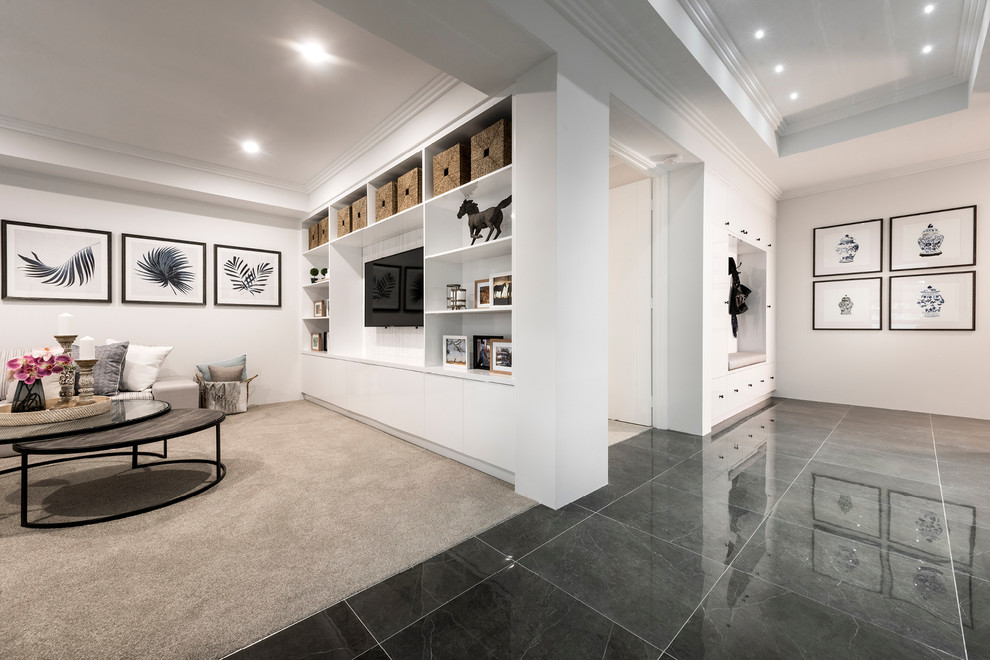 Large transitional entry hall in Perth with white walls, porcelain floors, a single front door, a white front door and black floor.