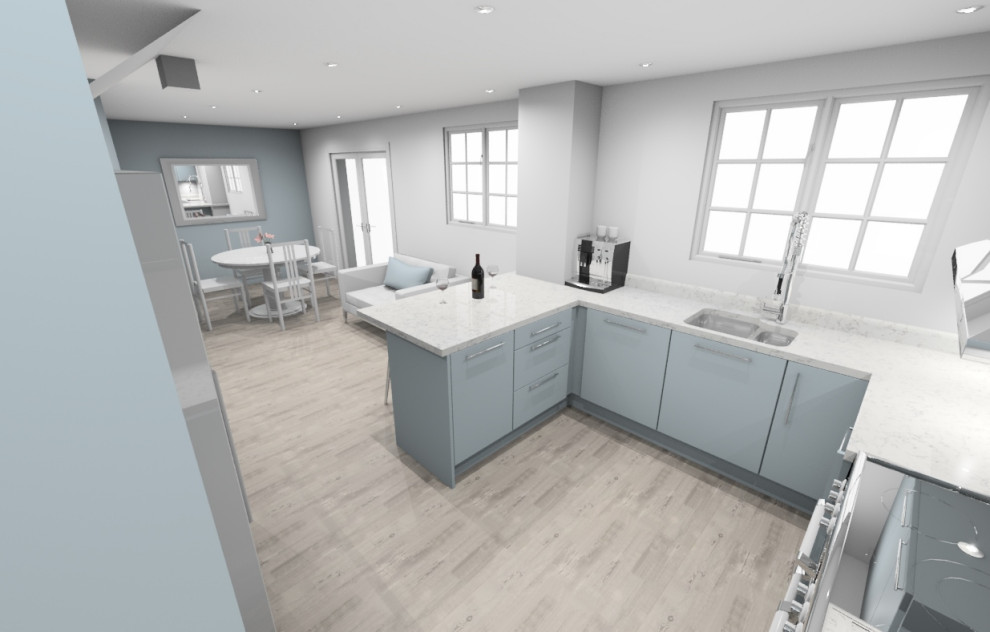 Inspiration for a small contemporary u-shaped eat-in kitchen in London with an integrated sink, flat-panel cabinets, blue cabinets, quartzite benchtops, stainless steel appliances, medium hardwood floors, a peninsula, grey floor and white benchtop.