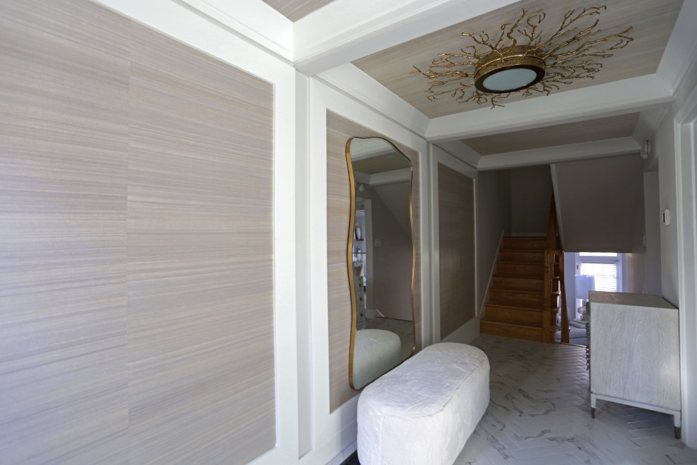 Kitchen - mid-sized transitional l-shaped marble floor, white floor and exposed beam kitchen idea in DC Metro with an undermount sink, shaker cabinets, white cabinets, quartzite countertops, white backsplash, quartz backsplash and stainless steel appliances