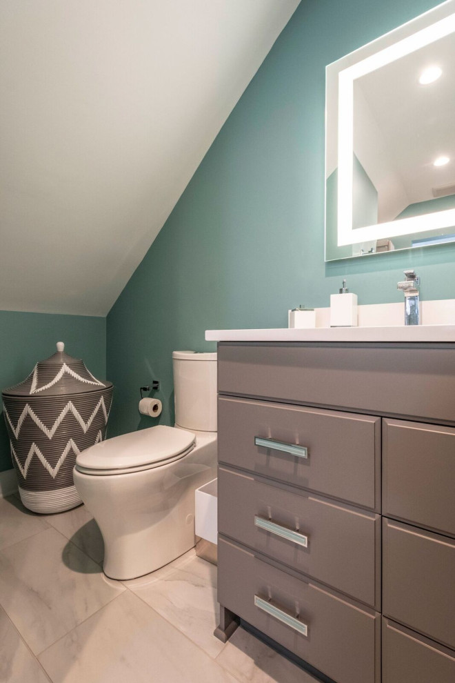 Bathroom - small transitional master ceramic tile, white floor and single-sink bathroom idea in Indianapolis with flat-panel cabinets, gray cabinets, a one-piece toilet, green walls, an undermount sink, quartz countertops, white countertops and a freestanding vanity