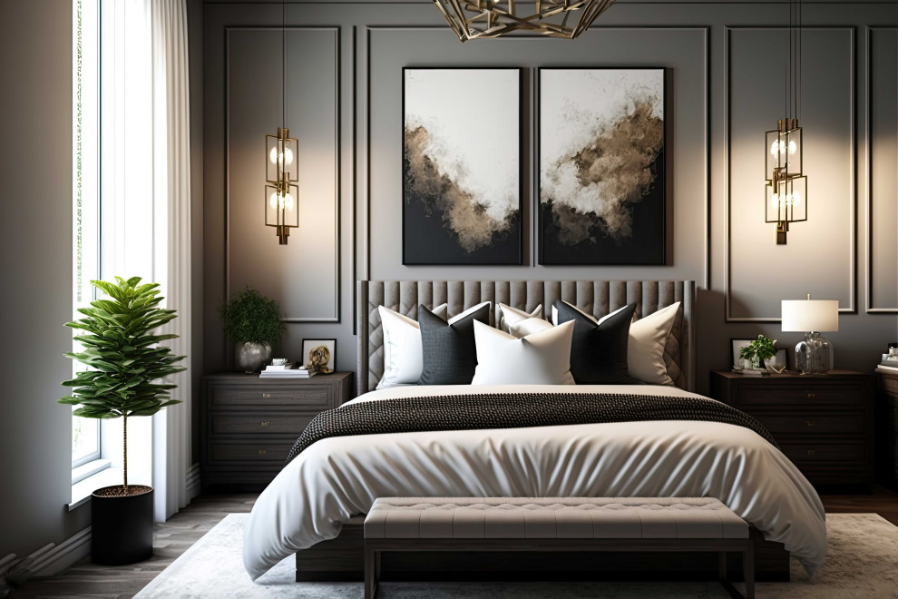 Mid-sized trendy master gray floor and vinyl floor bedroom photo in Phoenix with gray walls