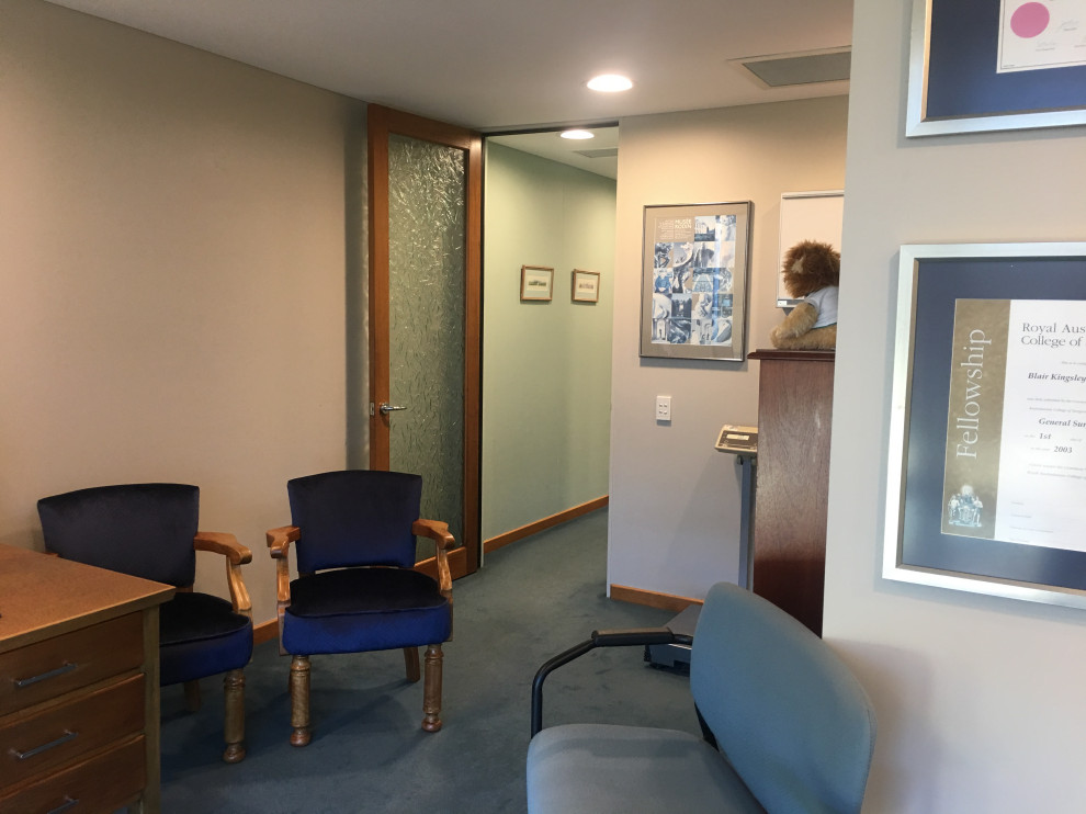 Cette photo montre un grand bureau tendance avec un mur marron, moquette, un bureau indépendant et un sol turquoise.
