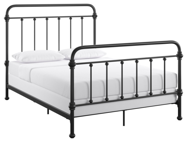 Solid Bed Frame, Spindle Accent Metal Construction, Antique Black, Full