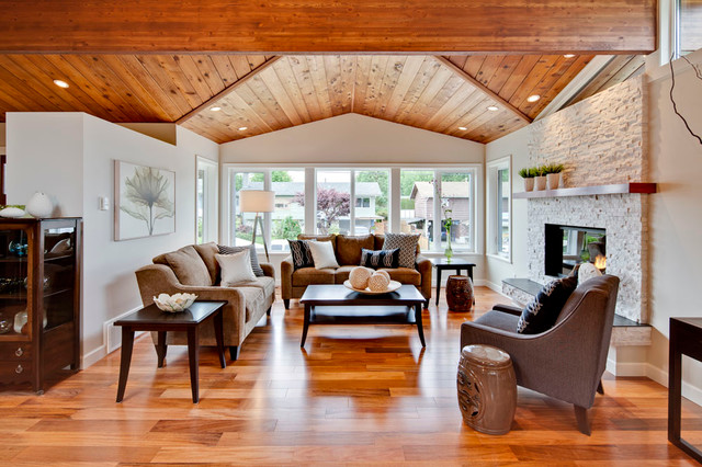 Living Room With Vaulted Wood Ceiling Transitional