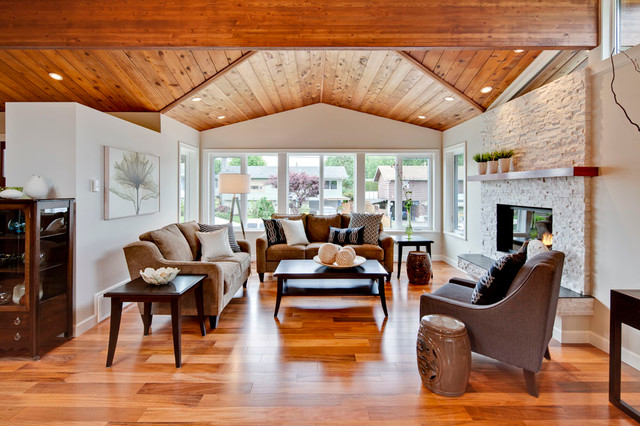 Living Room With Vaulted Wood Ceiling Transitional Living Room