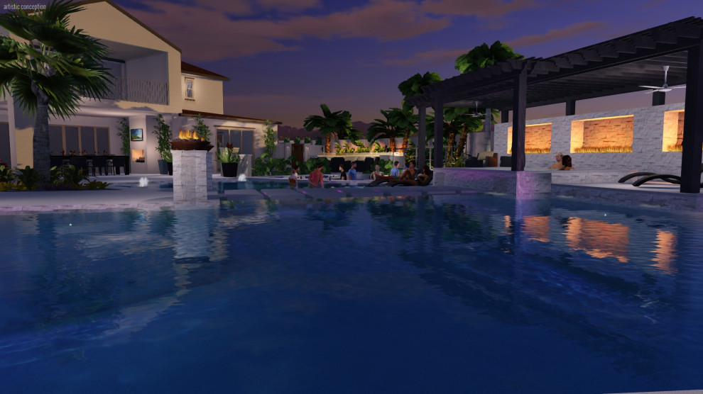 Foto di una grande piscina a sfioro infinito contemporanea dietro casa con paesaggistica bordo piscina e piastrelle
