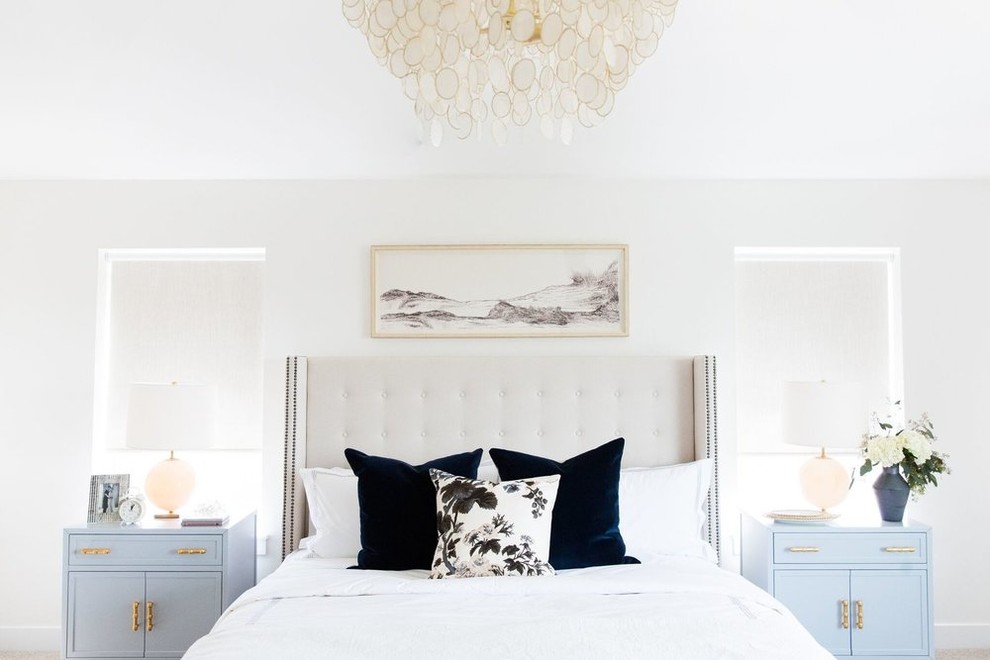 Inspiration for a mid-sized transitional master bedroom in Salt Lake City with white walls, carpet and white floor.