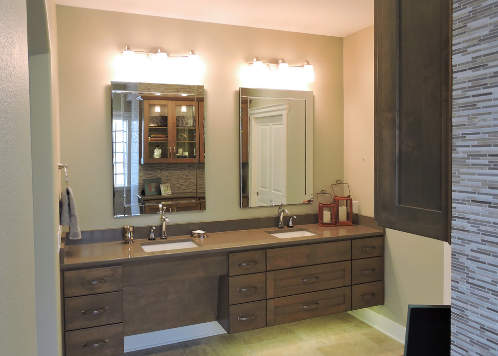 This is an example of a mid-sized transitional master bathroom in Little Rock with shaker cabinets, grey cabinets, an open shower, a one-piece toilet, gray tile, mosaic tile, grey walls, porcelain floors, an undermount sink, engineered quartz benchtops, beige floor and an open shower.