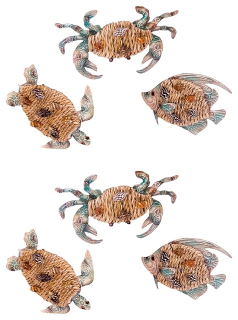 Key Biscayne Crab Sea Turtle and Fish Metal Napkin Rings Set of 6