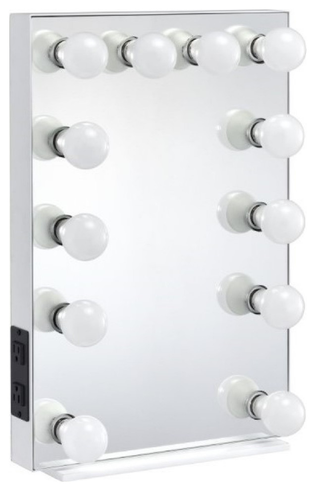 Benzara BM274649 Modern Lighted Mirror, 2 Power Outlets, 12 Bulb Sockets, White