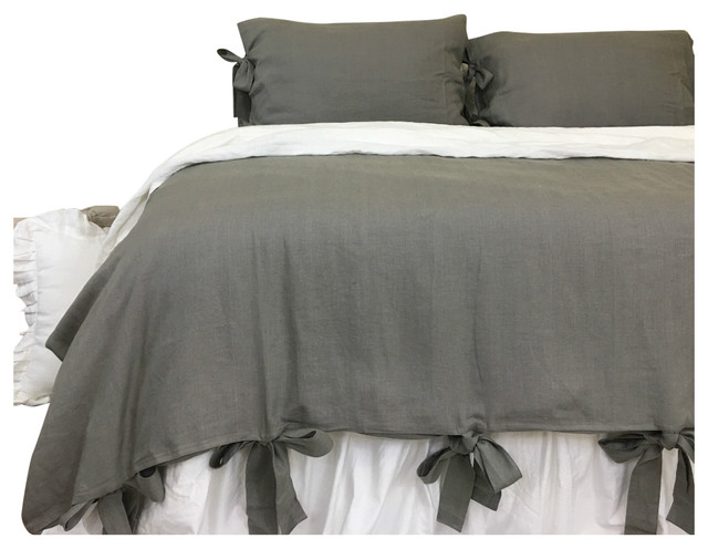 Dark Grey Linen Duvet Cover With Bow Ties Contemporary Duvet
