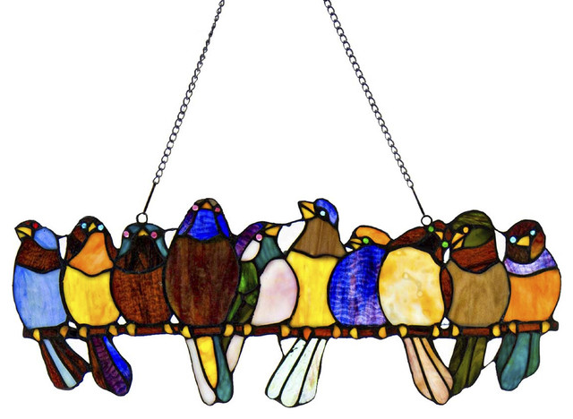 9.5" Stained Glass Birds on a Wire Window Panel, Multicolor