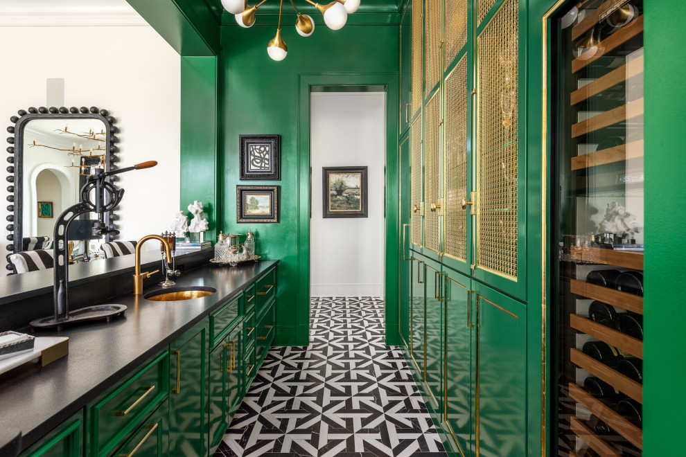 Inspiration for a large classic galley wet bar in St Louis with a submerged sink, recessed-panel cabinets, green cabinets, black splashback, marble flooring, multi-coloured floors and black worktops.
