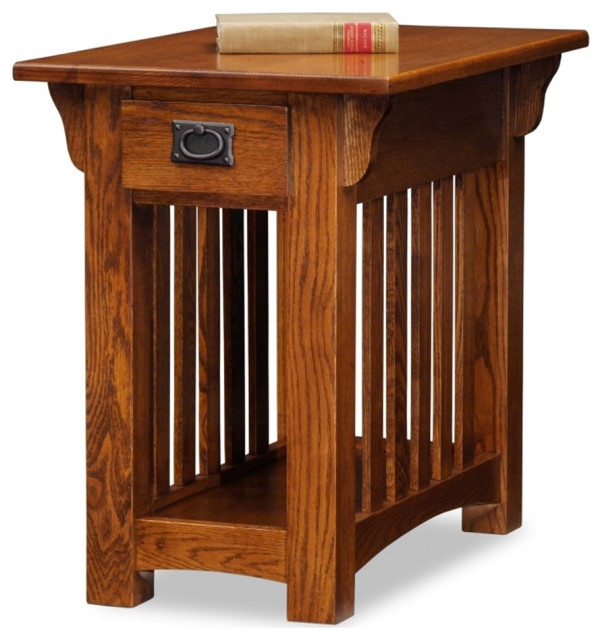 Catania Oak Finish Chairside Table with Storage Drawer and Shelf