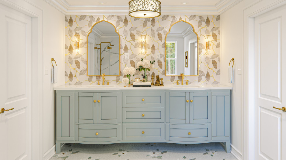 Источник вдохновения для домашнего уюта: главная ванная комната среднего размера в классическом стиле с плоскими фасадами, серыми фасадами, угловым душем, раздельным унитазом, разноцветной плиткой, плиткой мозаикой, белыми стенами, полом из мозаичной плитки, врезной раковиной, столешницей из искусственного кварца, разноцветным полом, душем с распашными дверями, белой столешницей, тумбой под две раковины, напольной тумбой, деревянным потолком и деревянными стенами