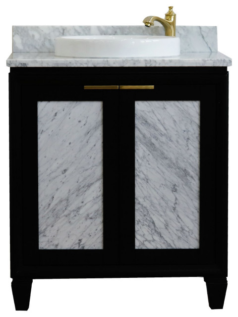 31" Single Sink Vanity, Black Finish With White Carrara Marble With ...