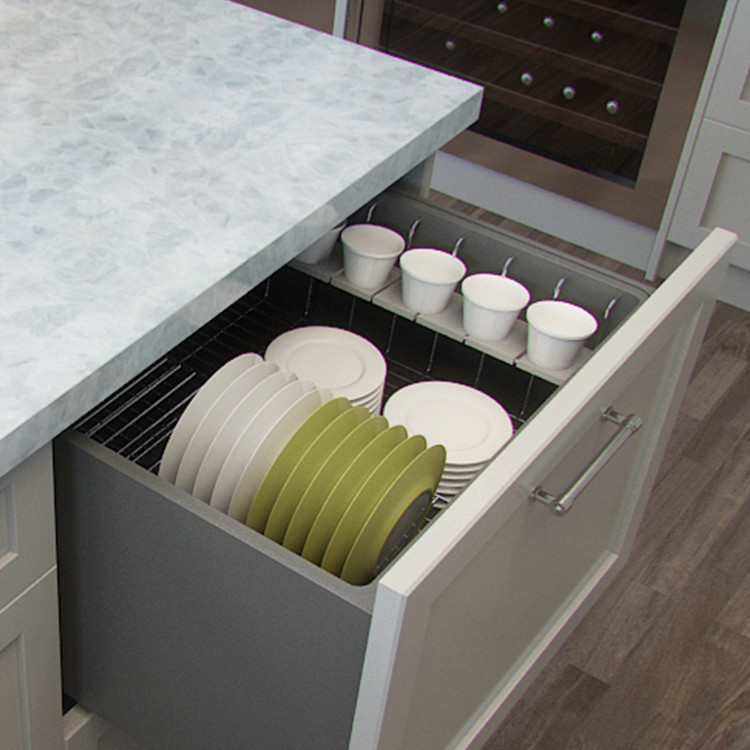 Mid-sized transitional l-shaped medium tone wood floor enclosed kitchen photo in Toronto with glass-front cabinets, beige cabinets, marble countertops, blue backsplash, stone slab backsplash, stainless steel appliances and an island