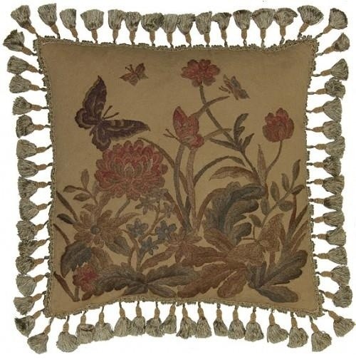 Hand-Embroidered Throw Pillow 20"x20" Canvas  Butterflies Flowers