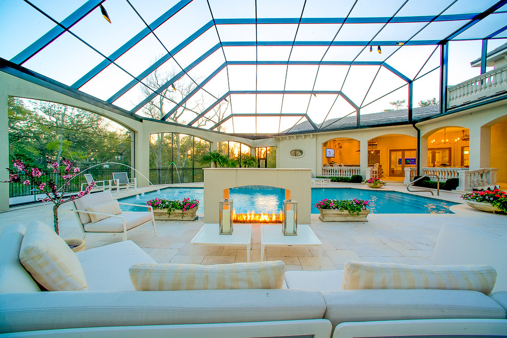 Inspiration for a large transitional indoor rectangular pool in Miami with a hot tub and tile.