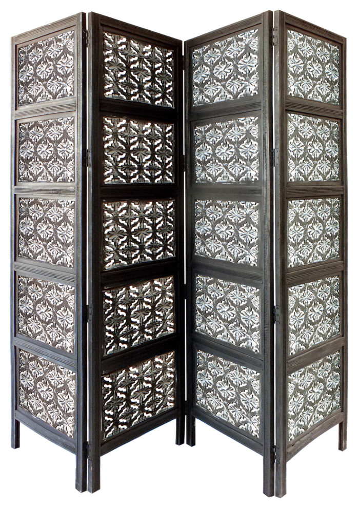 Four Panel Mango Wood Room Divider With Traditional Carvings Black And White Mediterranean Screens And Room Dividers By Uber Bazaar