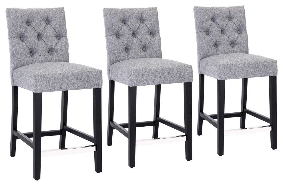 Hayes 24" Linen Fabric Tufted Counter Stool, Set of 3, Gray
