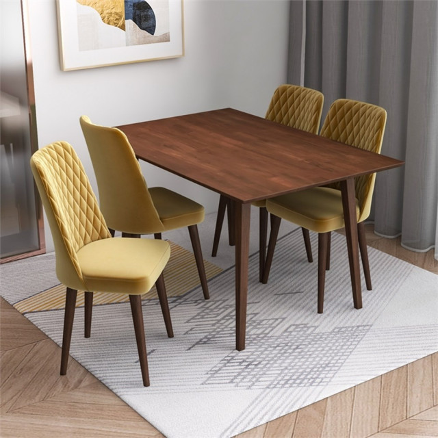 Alpen Modern Solid Wood Walnut Dining Table and 4 Chair Set ...