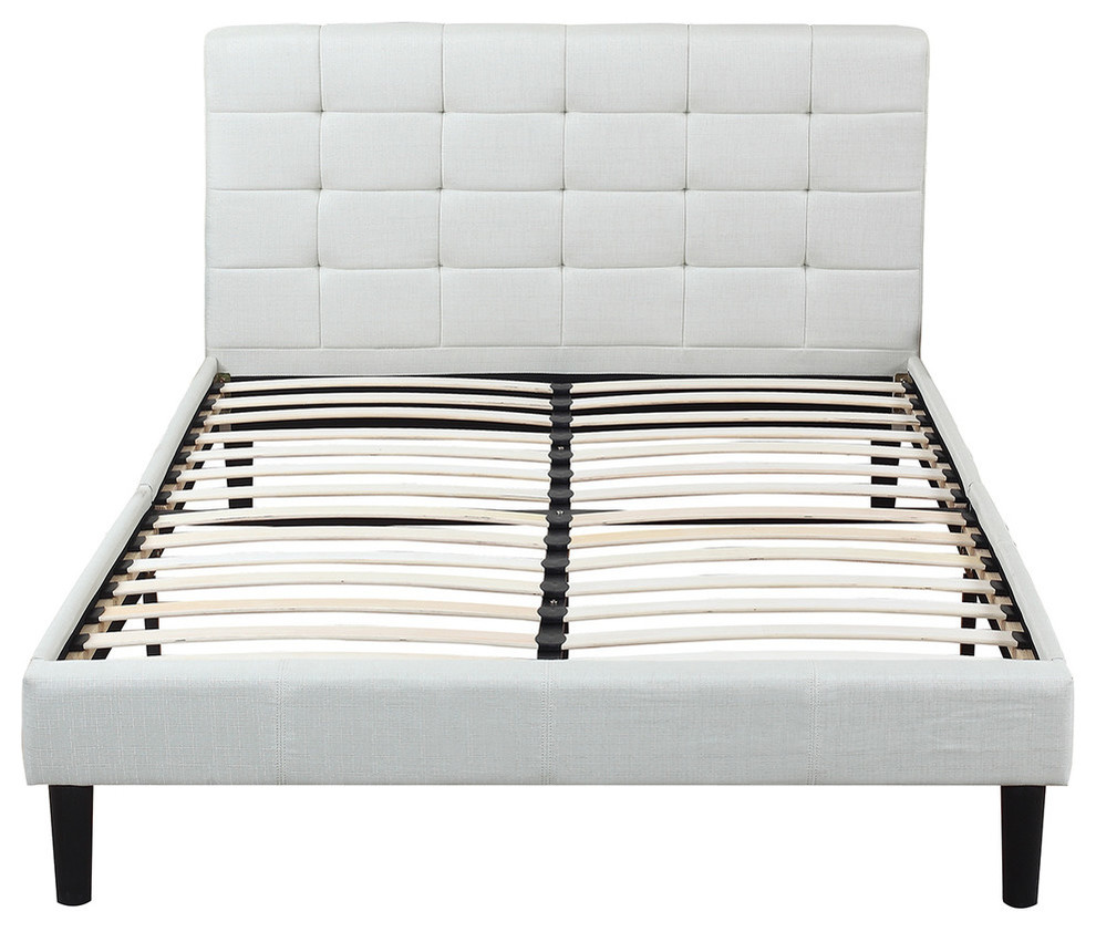Classic Deluxe Beige Linen Low Profile Platform Bed Frame, Queen
