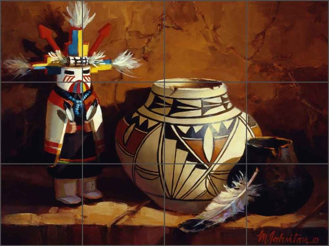 Ceramic Tile Mural Backsplash, Hopi Pot and Butterfly Kachina, 17"x12.75"